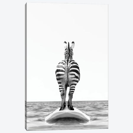 Zebra With Surfboard Black And White Canvas Print #TTP31} by Tiny Treasure Prints Canvas Art
