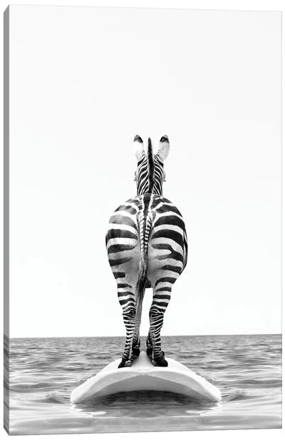 Zebra With Surfboard Black And White Canvas Art Print - Tiny Treasure Prints
