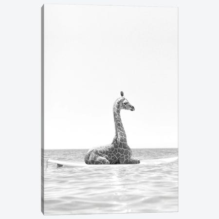 Surfing Giraffe Black And White Canvas Print #TTP32} by Tiny Treasure Prints Canvas Artwork