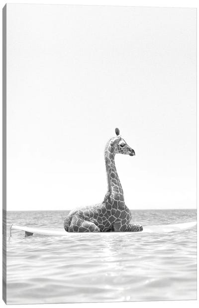 Surfing Giraffe Black And White Canvas Art Print - Tiny Treasure Prints