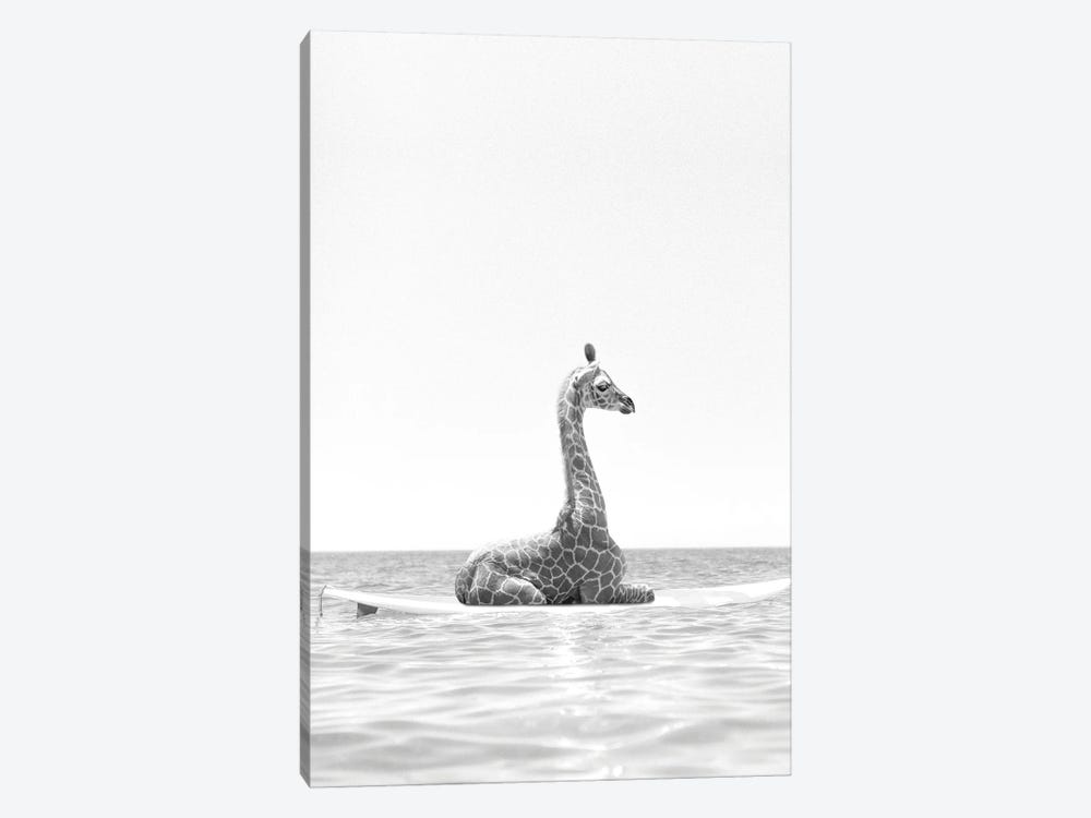 Surfing Giraffe Black And White by Tiny Treasure Prints 1-piece Canvas Artwork