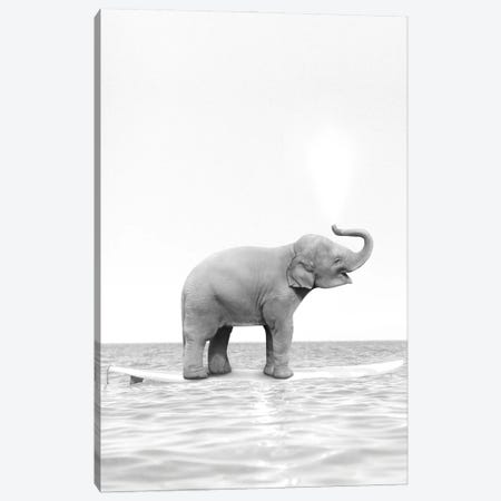 Surfing Elephant Black And White Canvas Print #TTP33} by Tiny Treasure Prints Canvas Art