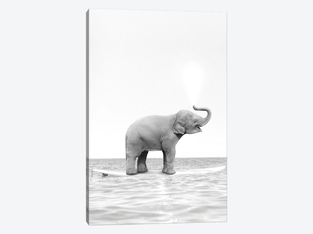 Surfing Elephant Black And White by Tiny Treasure Prints 1-piece Art Print