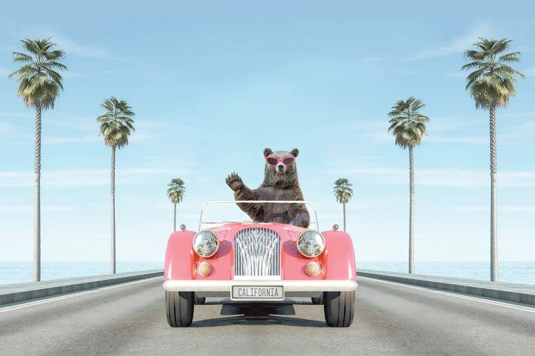 Vintage Pink Car With Waving Bear