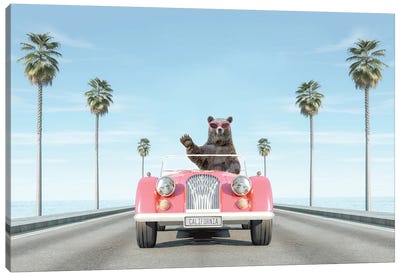Vintage Pink Car With Waving Bear Canvas Art Print - Brown Bear Art