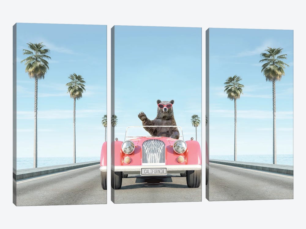 Vintage Pink Car With Waving Bear by Tiny Treasure Prints 3-piece Canvas Print
