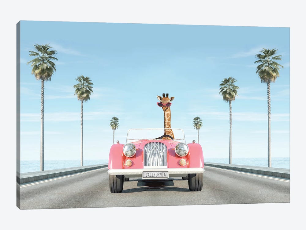 Vintage Pink Car With Giraffe by Tiny Treasure Prints 1-piece Canvas Artwork