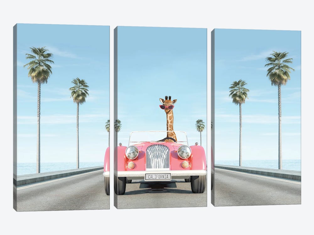 Vintage Pink Car With Giraffe by Tiny Treasure Prints 3-piece Canvas Artwork