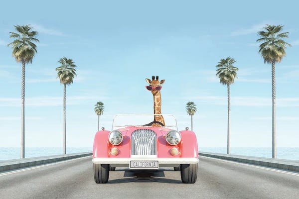 Vintage Pink Car With Giraffe