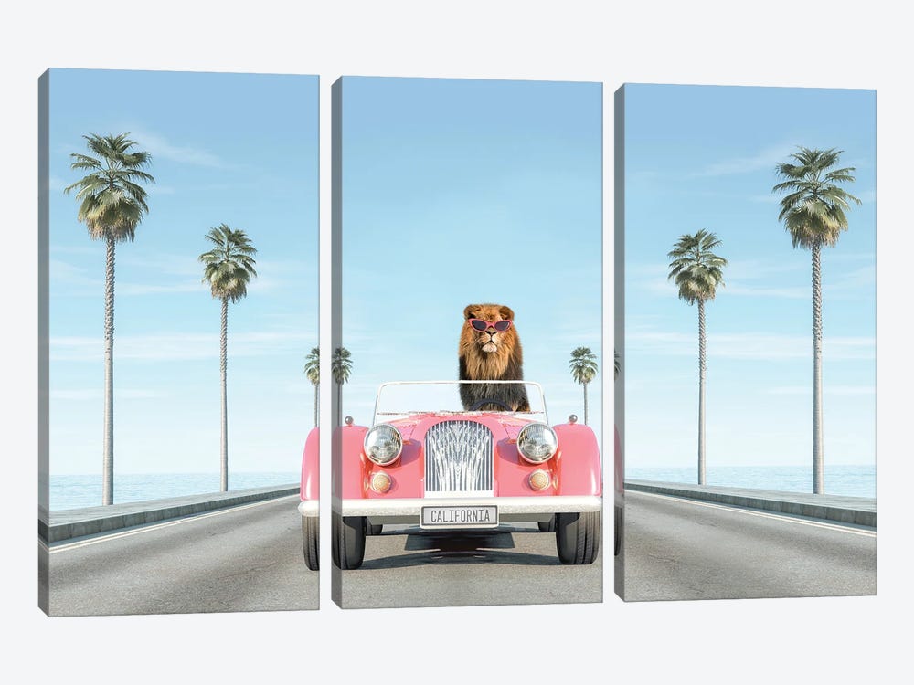 Vintage Pink Car With Lion by Tiny Treasure Prints 3-piece Canvas Print