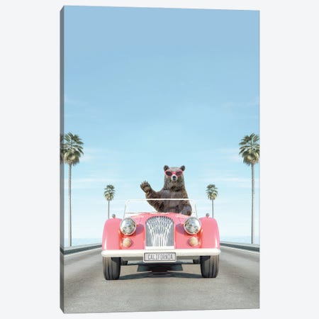 Pink Vintage Car With Bear Canvas Print #TTP39} by Tiny Treasure Prints Canvas Art