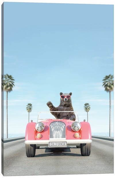 Pink Vintage Car With Bear Canvas Art Print - Brown Bear Art