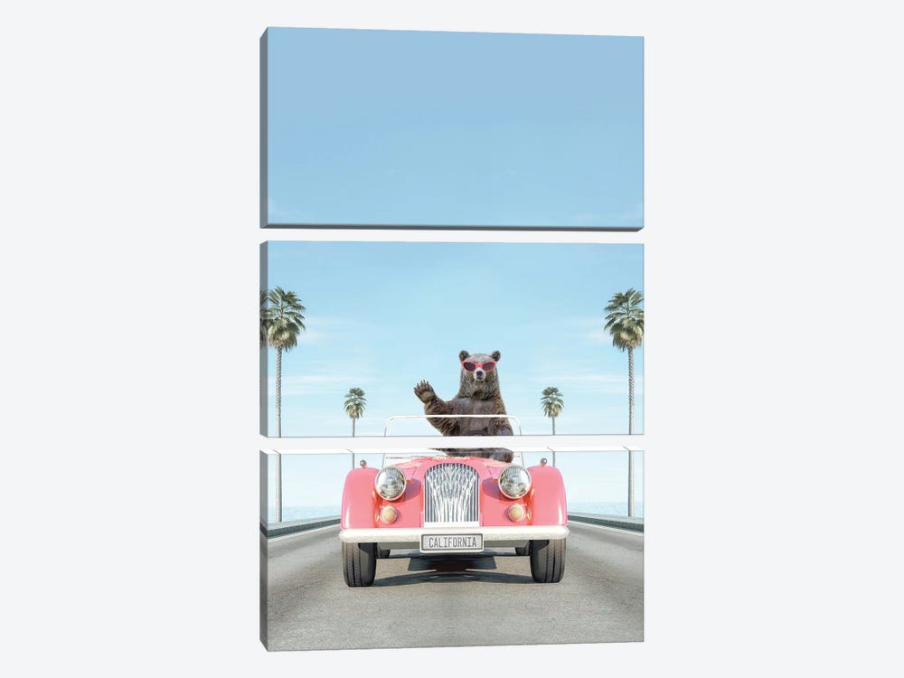 Pink Vintage Car With Bear by Tiny Treasure Prints 3-piece Canvas Print