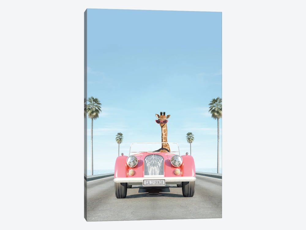 Pink Vintage Car With Giraffe by Tiny Treasure Prints 1-piece Art Print