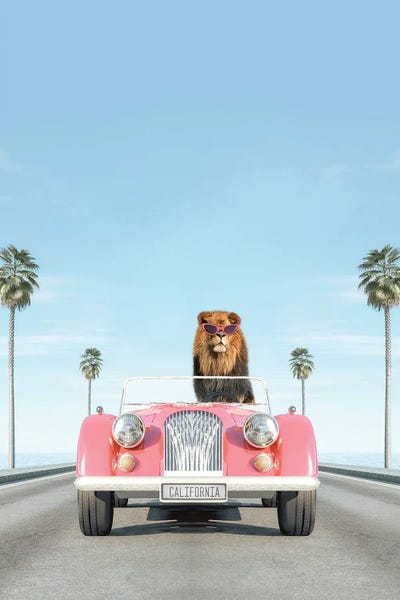 Pink Vintage Car With Lion by Tiny Treasure Prints multi panel art
