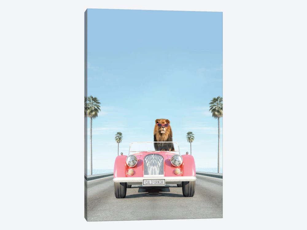 Pink Vintage Car With Lion by Tiny Treasure Prints 1-piece Canvas Artwork