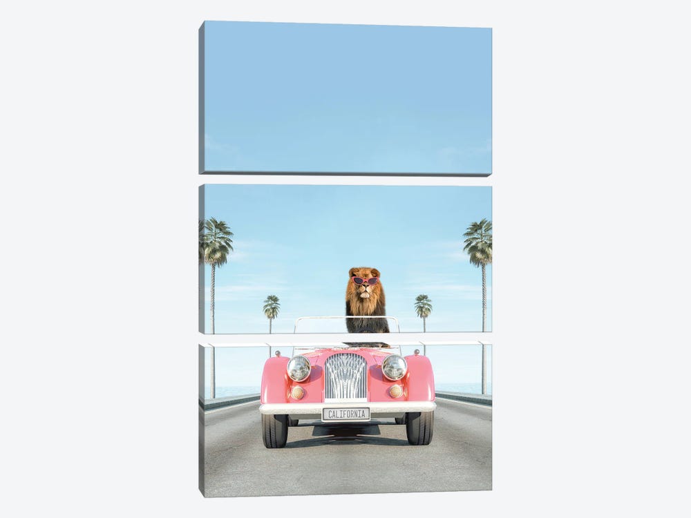 Pink Vintage Car With Lion by Tiny Treasure Prints 3-piece Canvas Artwork