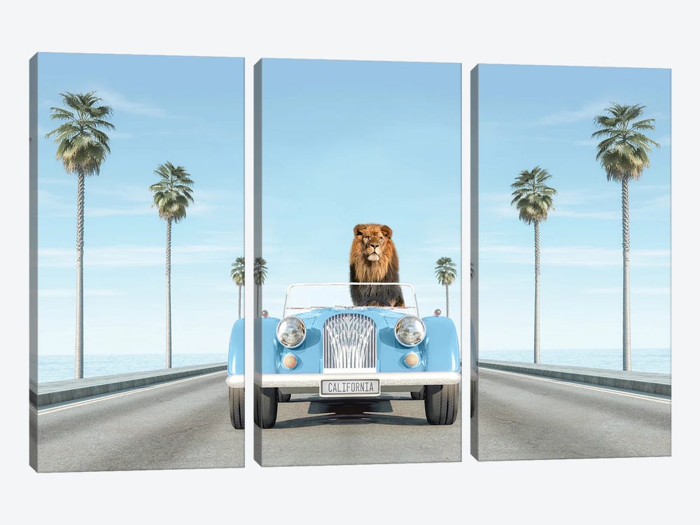 Blue Vintage Car With Lion In California by Tiny Treasure Prints 3-piece Canvas Art