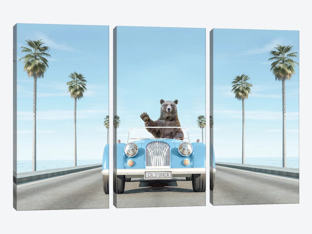 Blue Vintage Car In California With Bear by Tiny Treasure Prints 3-piece Canvas Artwork