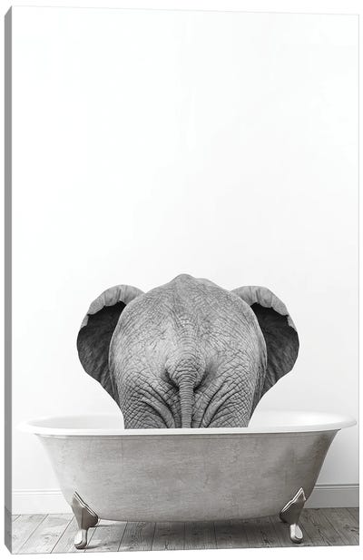 Elephant In Tub Black And White Canvas Art Print - Bathroom Break