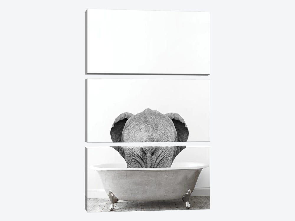 Elephant In Tub Black And White by Tiny Treasure Prints 3-piece Canvas Wall Art
