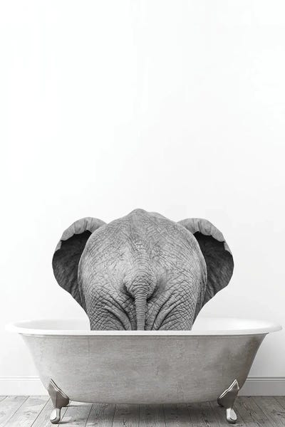 Bathroom Break: Elephant In Tub Black And White by Tiny Treasure Prints