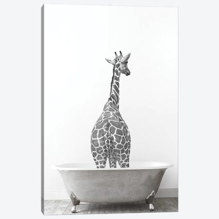 Giraffe In Tub Black And White Canvas Print #TTP51} by Tiny Treasure Prints Canvas Art