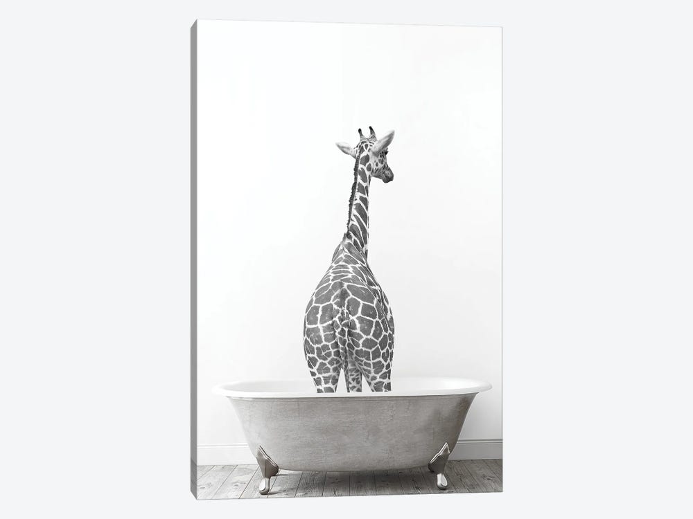 Giraffe In Tub Black And White by Tiny Treasure Prints 1-piece Art Print