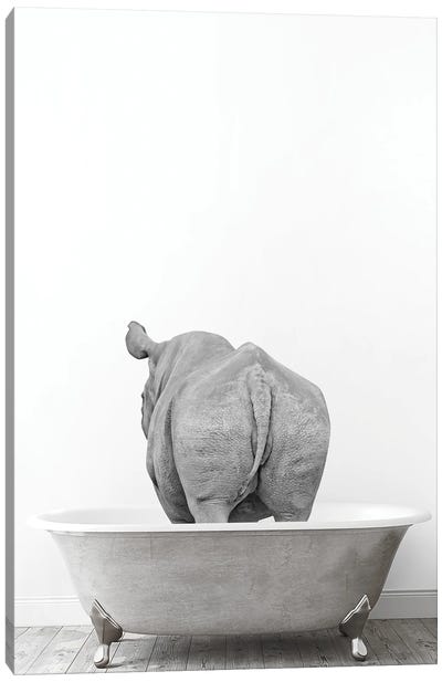 Rhino In Tub Black And White Canvas Art Print - Rhinoceros Art