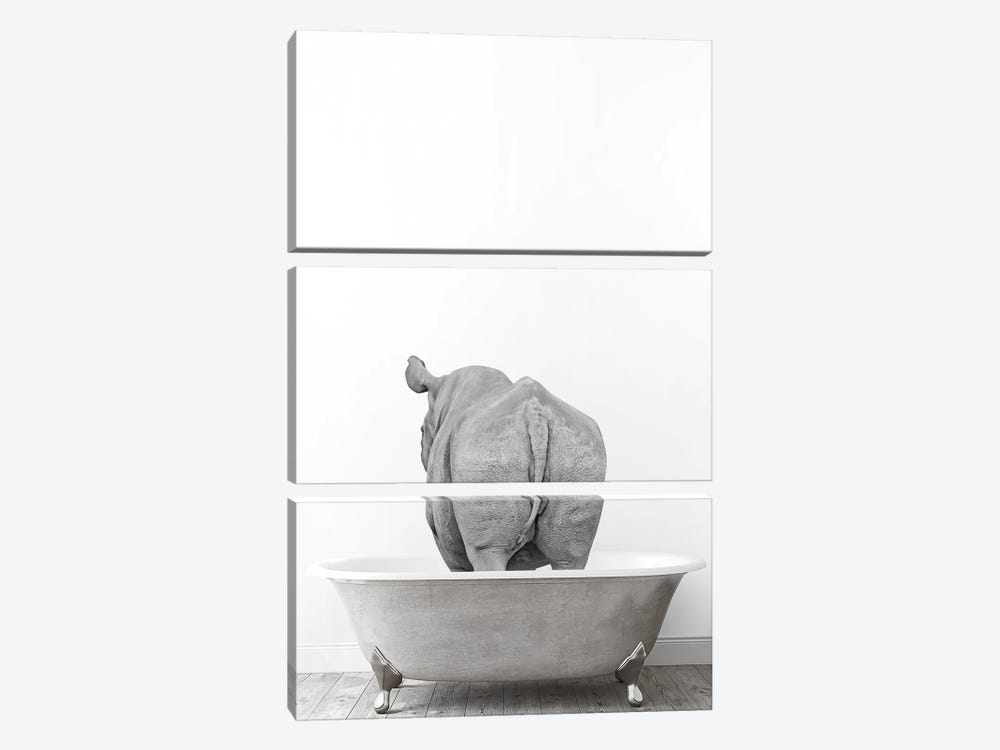 Rhino In Tub Black And White by Tiny Treasure Prints 3-piece Art Print