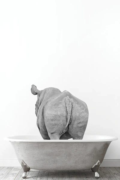 Rhinoceroses: Rhino In Tub Black And White by Tiny Treasure Prints