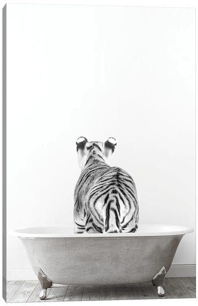 Tiger In Tub Black And White Canvas Art Print - Tiny Treasure Prints