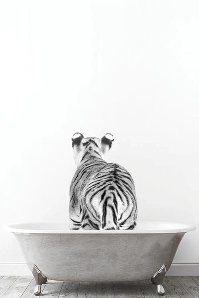 Tigers: Tiger In Tub Black And White by Tiny Treasure Prints