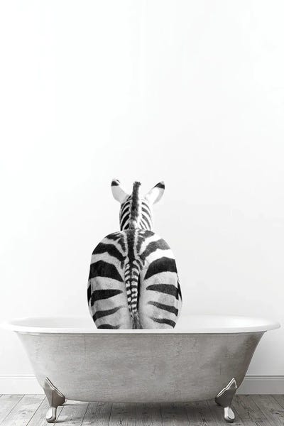 Zebras: Zebra In Tub Black And White by Tiny Treasure Prints