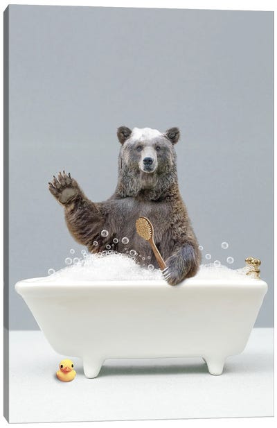Bear In A Bathtub Canvas Art Print - Kids Bathroom Art