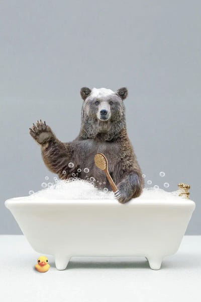 Bears: Bear In A Bathtub Gray by Tiny Treasure Prints