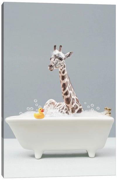 Giraffe In A Bathtub Canvas Art Print - Kids Bathroom Art
