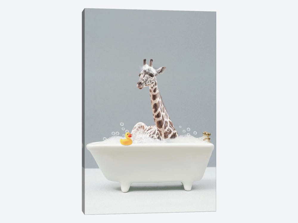 Giraffe In A Bathtub by Tiny Treasure Prints 1-piece Canvas Wall Art