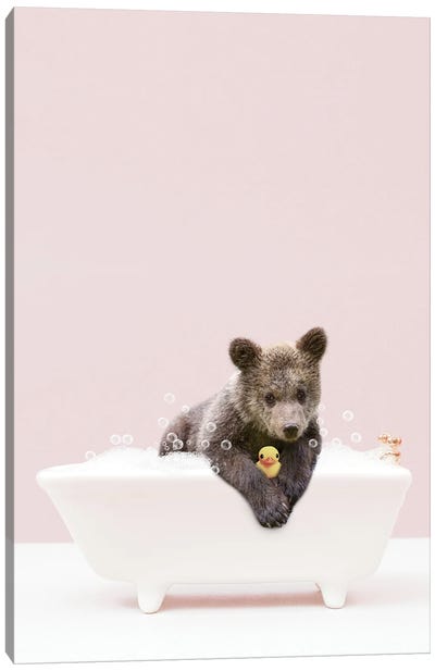 Bear Cub In Bathtub Canvas Art Print - Brown Bear Art