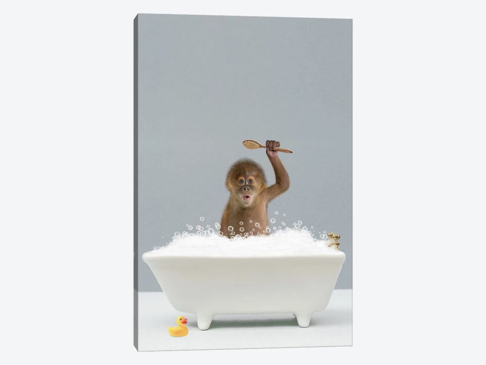 Monkey In A Bathtub by Tiny Treasure Prints 1-piece Canvas Wall Art