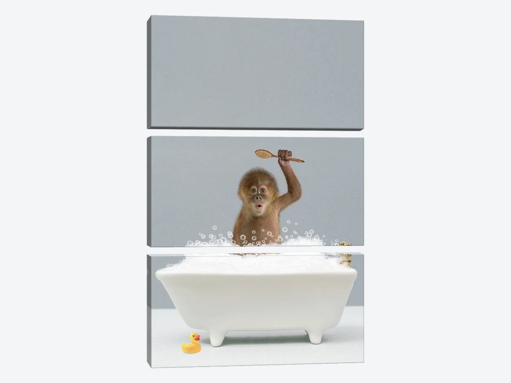 Monkey In A Bathtub by Tiny Treasure Prints 3-piece Canvas Artwork