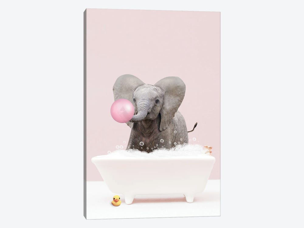 Baby Elephant With Bubblegum In Bathtub by Tiny Treasure Prints 1-piece Canvas Artwork