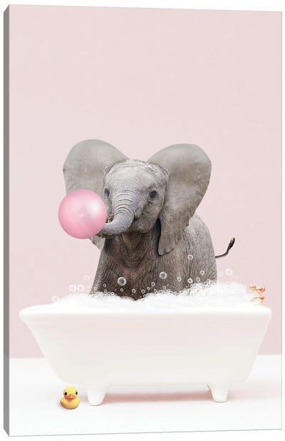 Baby Elephant With Bubblegum In Bathtub Canvas Art Print - Tiny Treasure Prints