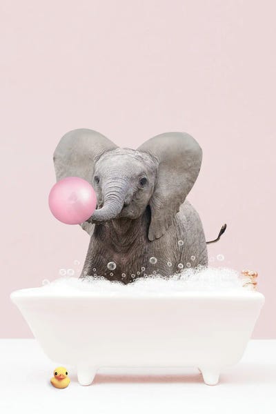 Baby Animals: Baby Elephant With Bubblegum In Bathtub by Tiny Treasure Prints