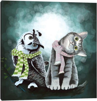 Cat And Owl Canvas Art Print - Tummeow