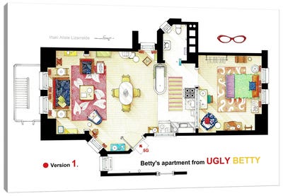 V.1 Floorplan Of Betty Suarez's Apartment From Ugly Betty Canvas Art Print - Sitcoms & Comedy TV Show Art