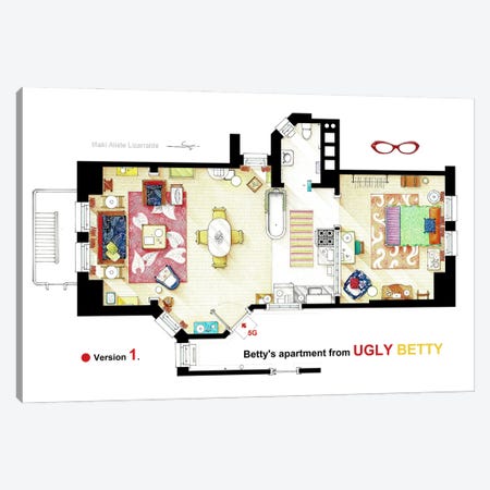 V.1 Floorplan Of Betty Suarez's Apartment From Ugly Betty Canvas Print #TVF100} by TV Floorplans & More Canvas Print