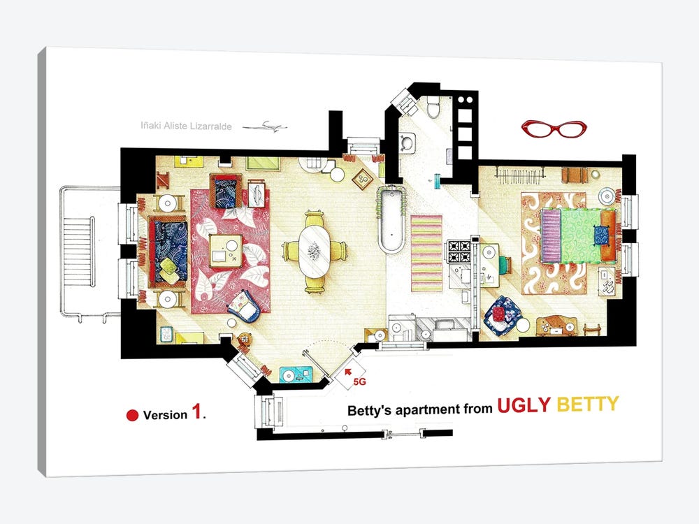 V.1 Floorplan Of Betty Suarez's Apartment From Ugly Betty by TV Floorplans & More 1-piece Canvas Art Print