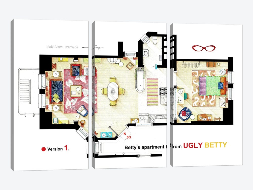 V.1 Floorplan Of Betty Suarez's Apartment From Ugly Betty by TV Floorplans & More 3-piece Canvas Art Print