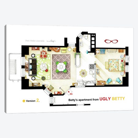 V.2 Floorplan Of Betty Suarez's Apartment From Ugly Betty Canvas Print #TVF101} by TV Floorplans & More Art Print